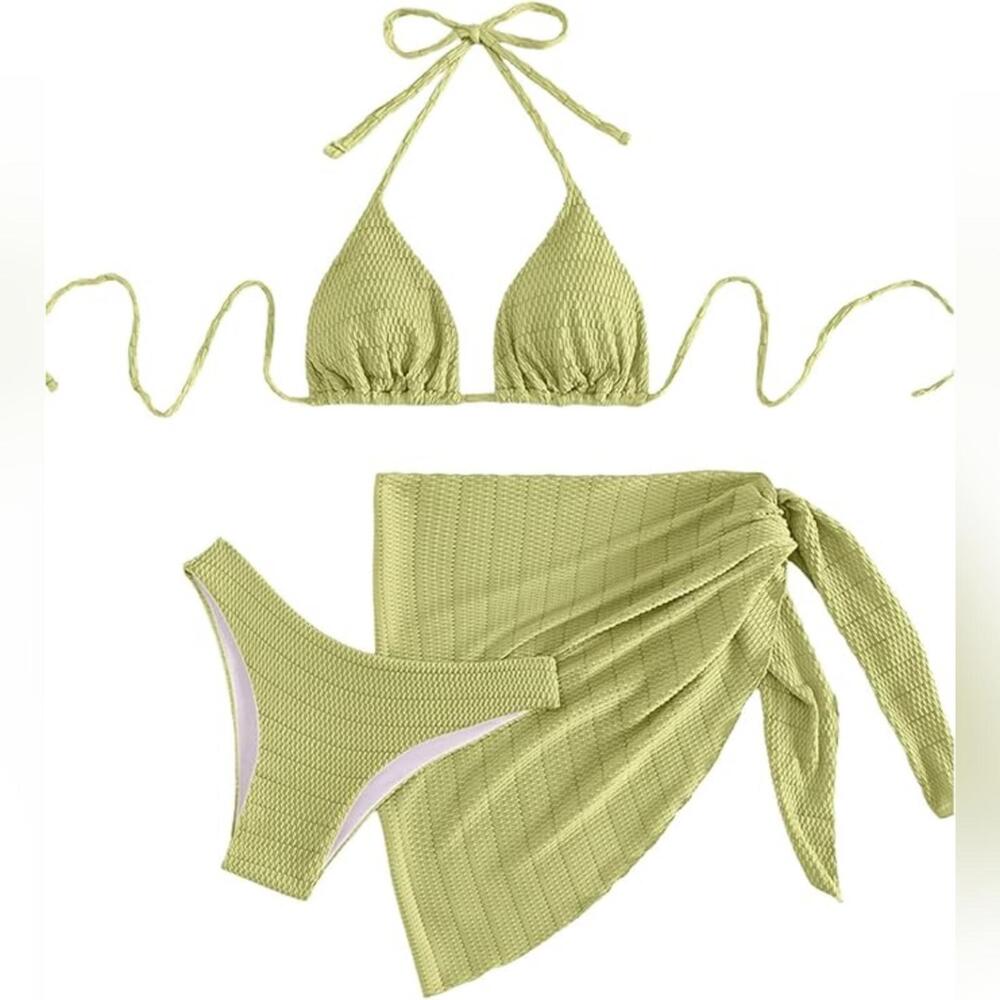 NWOT SHENHE 3 Piece Textured High Cut Halter Triangle Bikini Swimsuit, Small